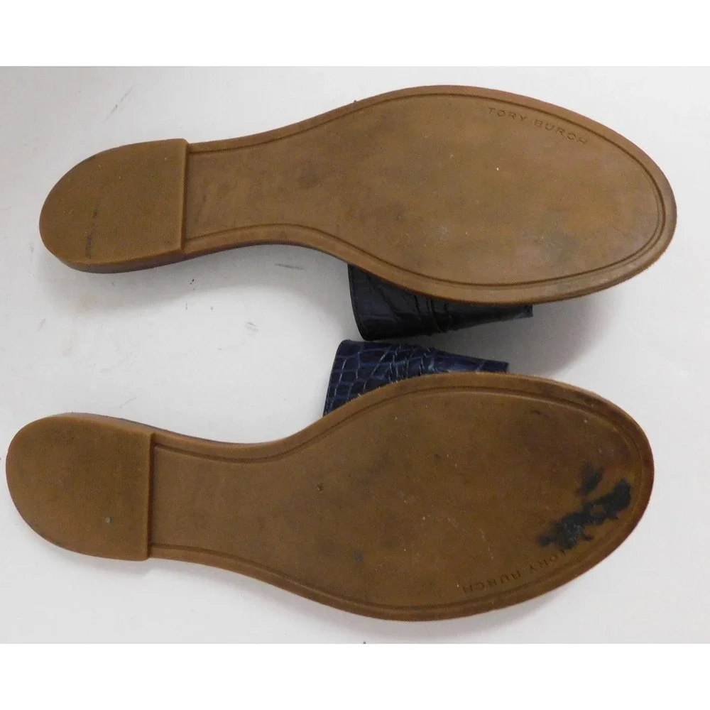 Tory Burch Everly Blue Croc Embossed Leather Slide Sandals Gold Logo 7.5 M